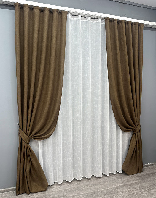 Комплект штор VR-Textil Лен Мешковина 150х270 2шт и Тюль 500х270 1476ш-115т Коричневый с белым 71-028/4 Киев - изображение 2