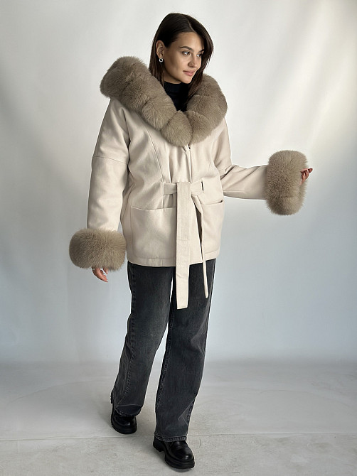 Пончо пальто жіноче з хутром капюшон і манжети Бежевий 46/48 Харків - фото 9