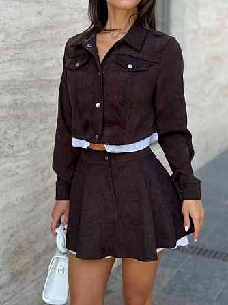 Женский стильный костюм двойка: пиджак на пуговицах и юбка-шорты вельвет. Шоколадный, 46 Одесса