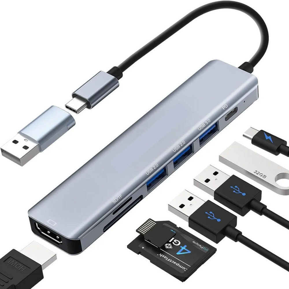 USB хаб 7в1,Type-C to HDMI+SD+TF+3хUSB +PD SBR Київ - фото 1