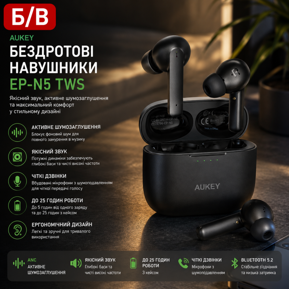 Б/В Бездротові навушники AUKEY EP-N5 TWS: активне шумозаглушення, якісний звук та ергономічний дизайн у стильному корпусі Київ - фото 7