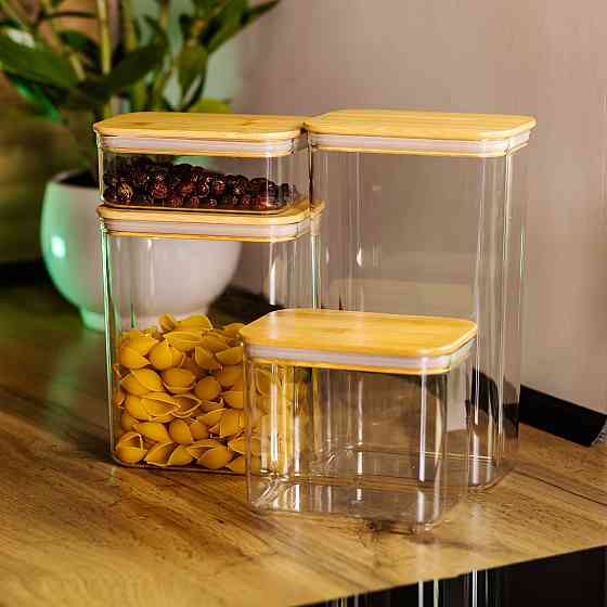 Банки для сипучих продуктів набір із 4 шт пластикові з бамбуковими кришками HP-1302 Київ