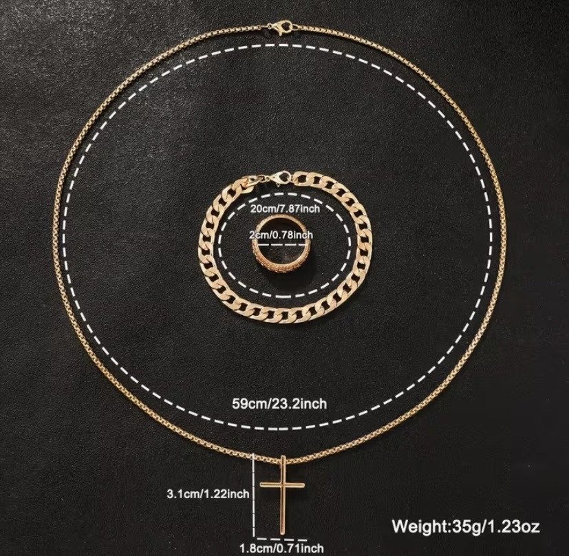 Подарунковий набір для чоловіків наручний годинник з браслетом і ланцюжок з хрестиком та кільце золотистий Київ - фото 8