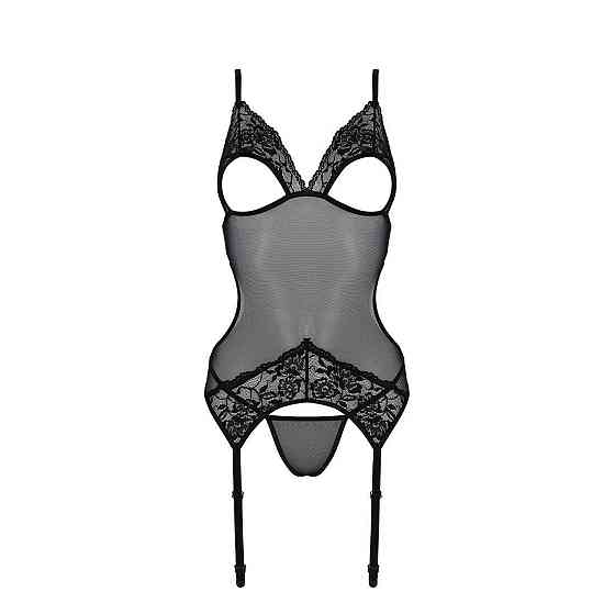Корсет із підв’язками та ажурним ліфом Passion CHRISTA CORSET L/XL, black, стрінги в комплекті Sex Aura Київ