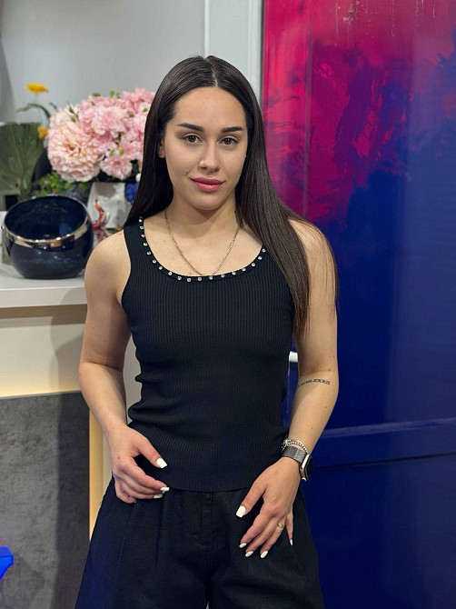 Майка женская A-N 3805 в рубчик с камнями на вырезе, черный, one size Киев - изображение 1