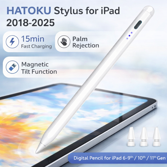 Стилус HATOKU ID732 для iPad 2018–2025, Palm Rejection, Tilt, магнітний, USB-C, зарядка 15 хв, білий Київ