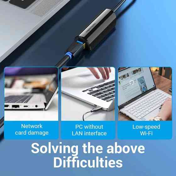 Перехідник USB 3.1 Type-C --> Ethernet RJ45 100Mb Vention чорний Вінниця