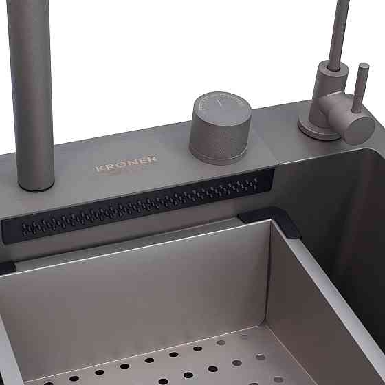 Кухонная мойка Kroner KRP Schwarze 75х46 - SET7545NG PVD (3.0/0.8 мм) со смесителем, краном и дозатором, серая Киев