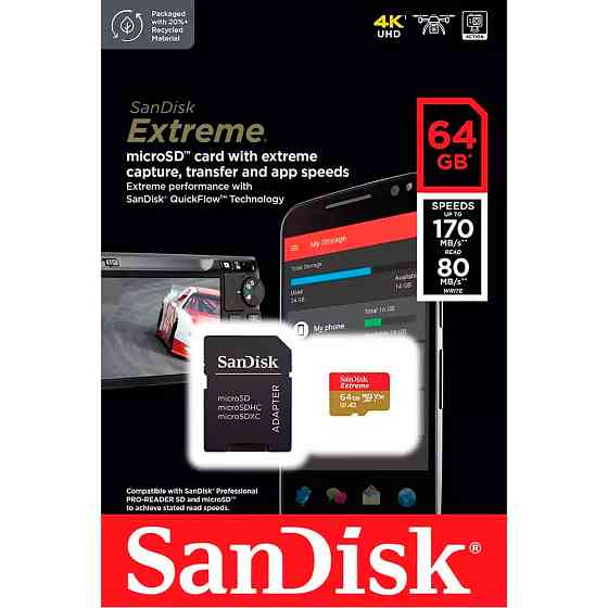 Карта памяти microSDXC (UHS-1 U3) SanDisk Extreme For Action Cams and Drones A2 64Gb class 10 V30 (R170MB/s,W80MB/s) (adapter) Киев