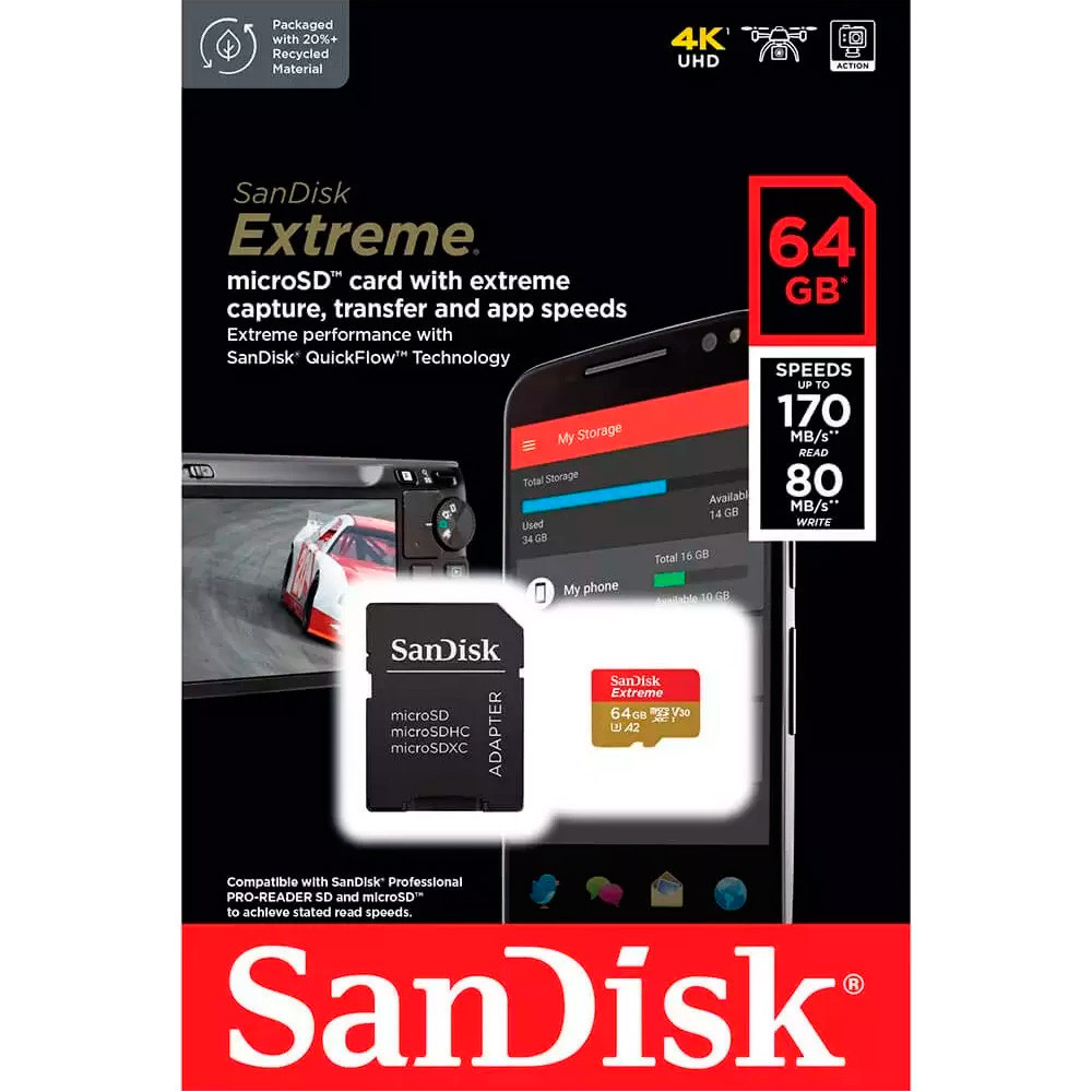 Карта памяти microSDXC (UHS-1 U3) SanDisk Extreme For Action Cams and Drones A2 64Gb class 10 V30 (R170MB/s,W80MB/s) (adapter) Киев - изображение 2