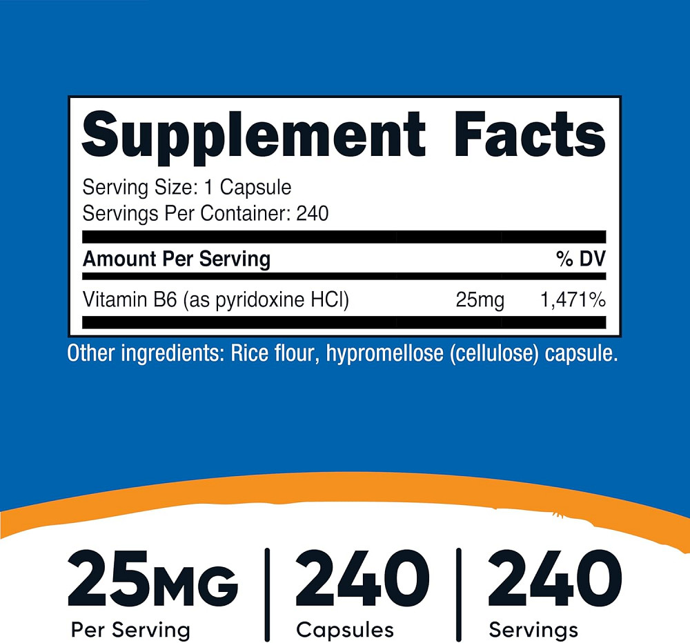 Витамин B6 Nutricost Vitamin B6, Pyridoxine HCl, 25 mg, 240 Capsules Луцк - изображение 3