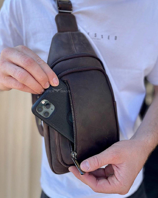 Мужской слинг из кожи 17х30х6, крейзи хорс для телефона 6349 коричневый Каменское - изображение 4