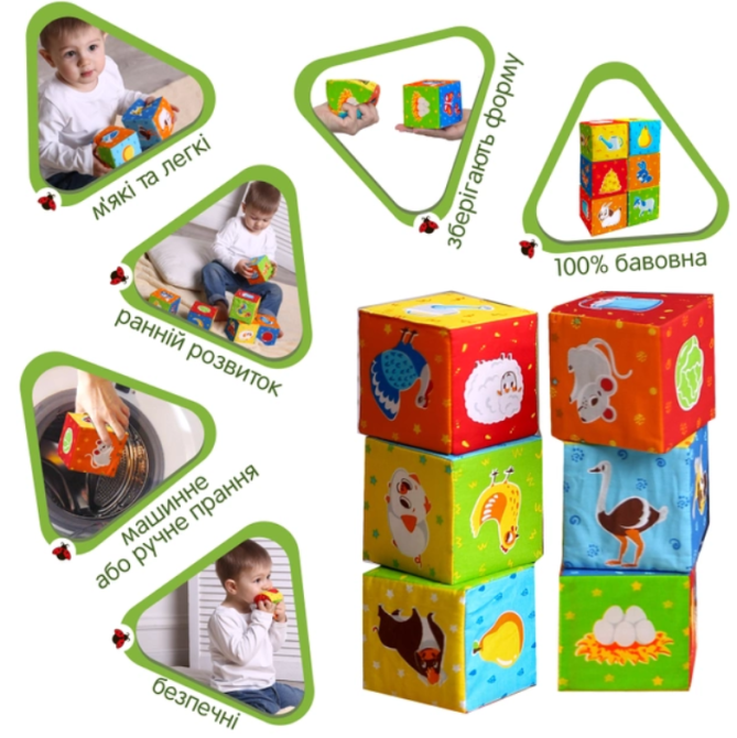 Набір м'яких розвиваючих кубиків 6шт Тварини на фермі (МС 090601-05) Чернігів - фото 2