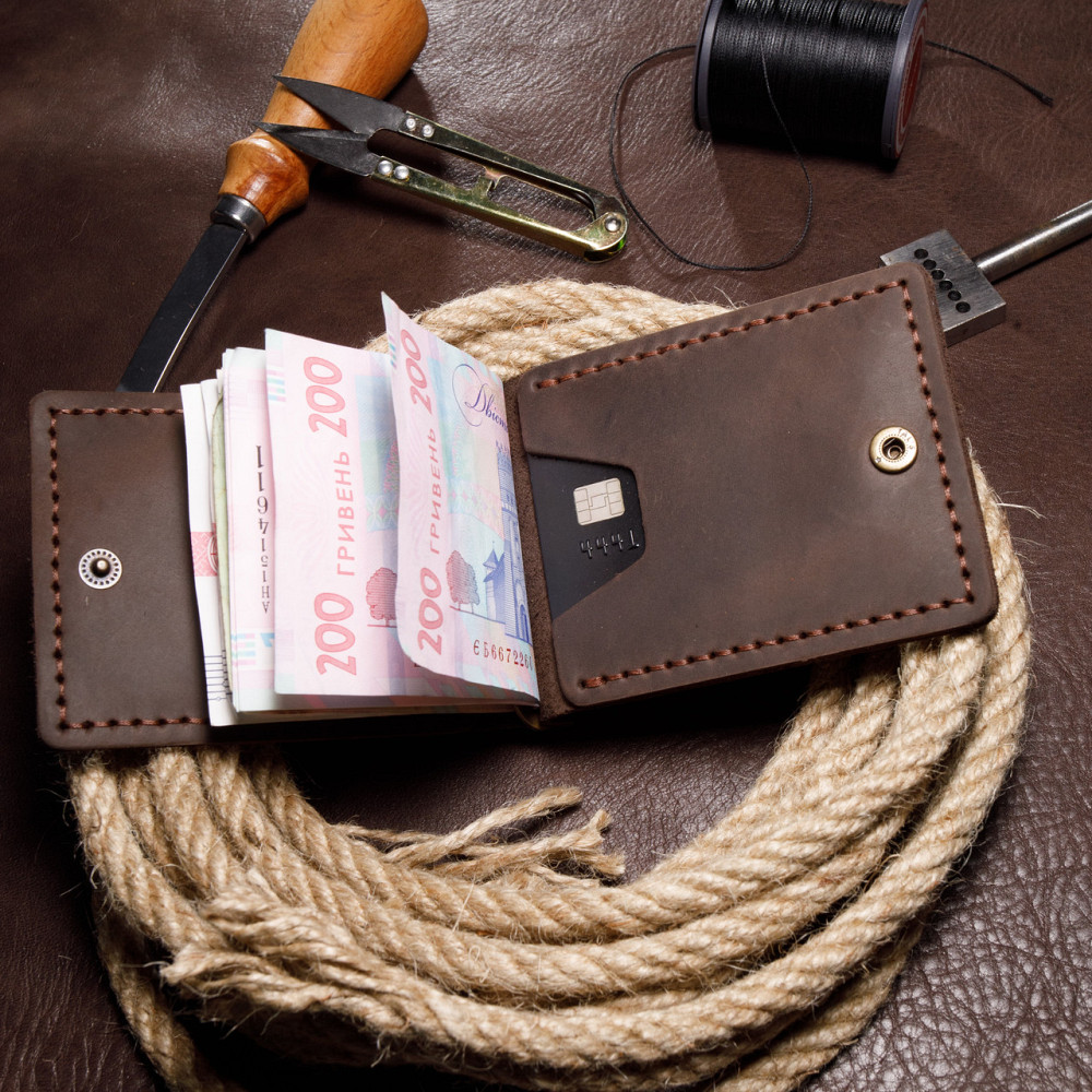 Затискач для купюр чоловічий з відділеннями для карт, місткий гаманець на кнопці, коричневийMasterSem Київ - фото 2