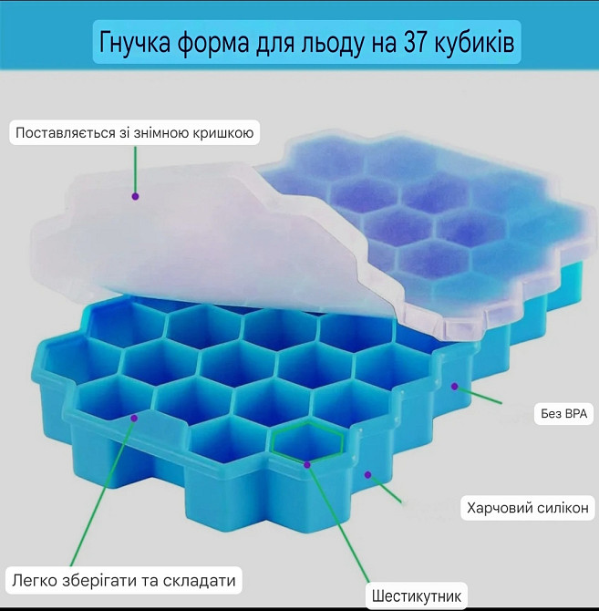 Силиконовая форма для льда на 37 кубиков 20 на 12 см голубой Киев - изображение 3