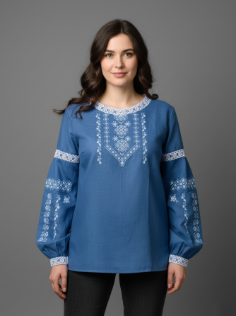 Жіноча натуральна вишиванка на домотканному блакитному полотні та квітковими рукавами 56-58 Київ