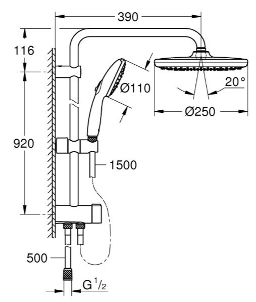 Душова система Flex із перемикачем настінного монтажу Grohe Tempesta System 250 (26675001) ( 10620 ) Харків - фото 2