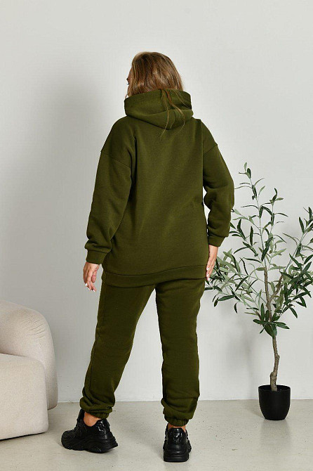 Женский прогулочный костюм: худи и штаны батал в спортивном стиле трехнитка на флисе Хаки, 52/54 Одесса - изображение 4