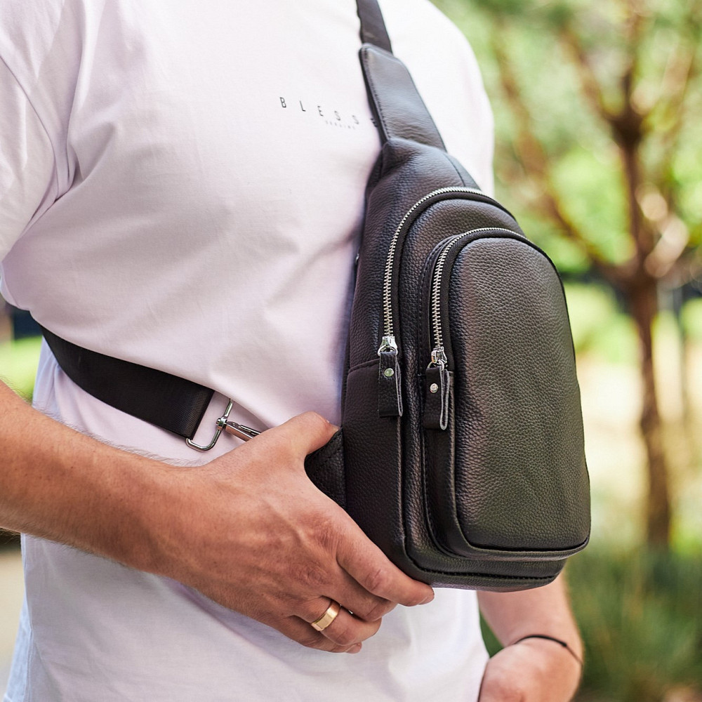 Мужской слинг кожаный 32х18х8, сумка рюкзак на плечо зернистая, бананка для документов23242 черная Каменское - изображение 10