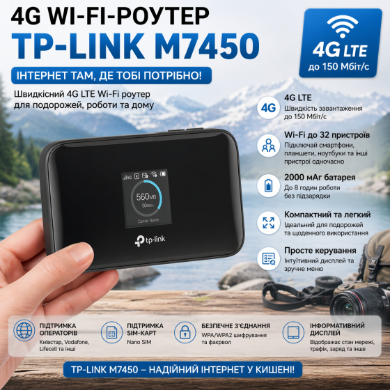 4G Wi-Fi роутер TP-Link M7450 LTE-Advanced: 300 Мбит/с, Dual-Band 2.4/5 ГГц, 3000 мАч, дисплей (Уценка) Киев