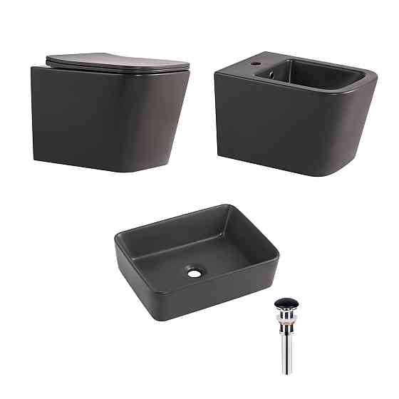 Комплект Qtap Tern Anthracite 3 в 1: унитаз подвесной Ultra Quiet + биде подвесное + раковина накладная QTTERAN49161 Киев