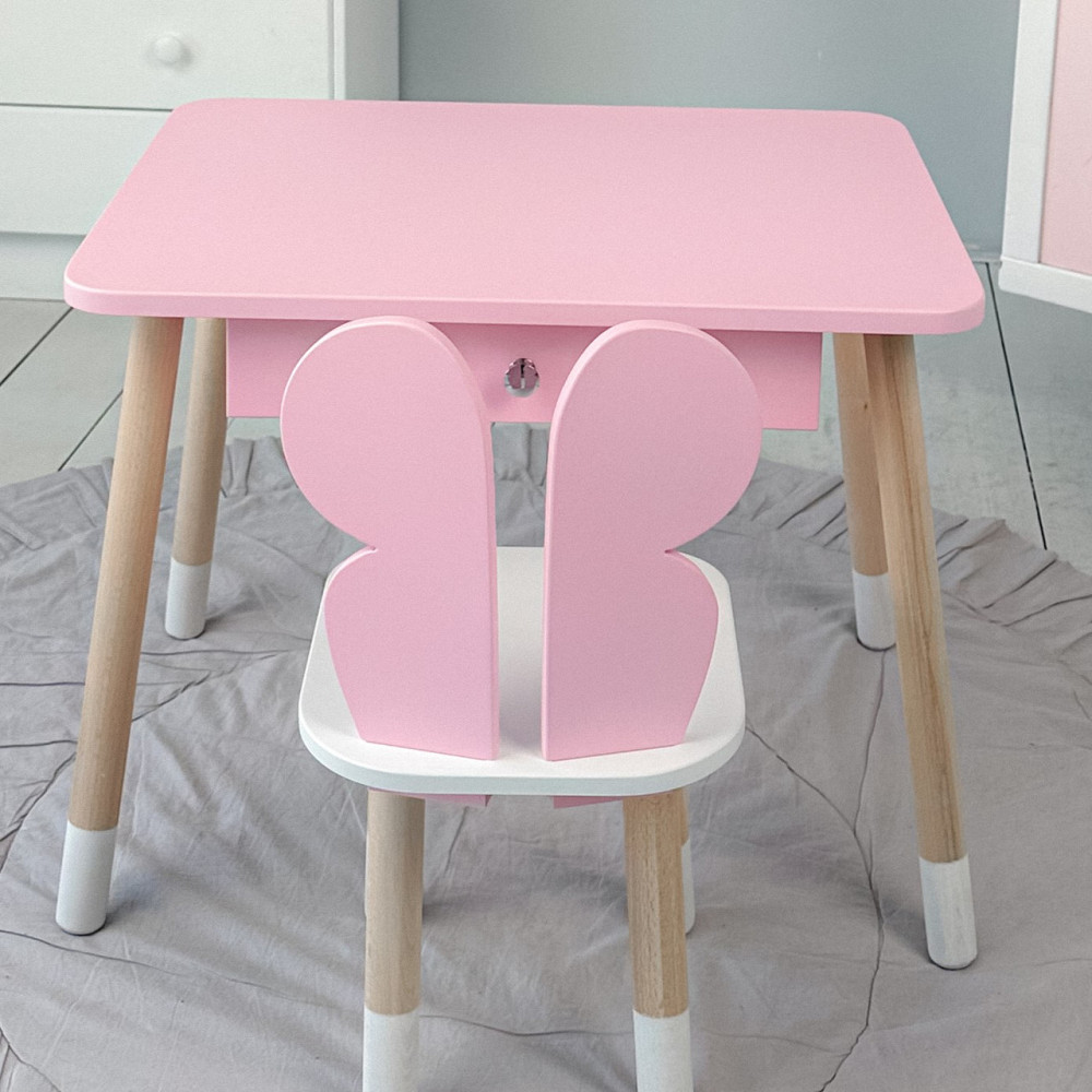 Стіл прямокутний з ящиком для речей 46х60х45 і стілець метелик 26х26х24, столик та стільчик в дитячу, рожевий з білим Кам'янське - фото 3