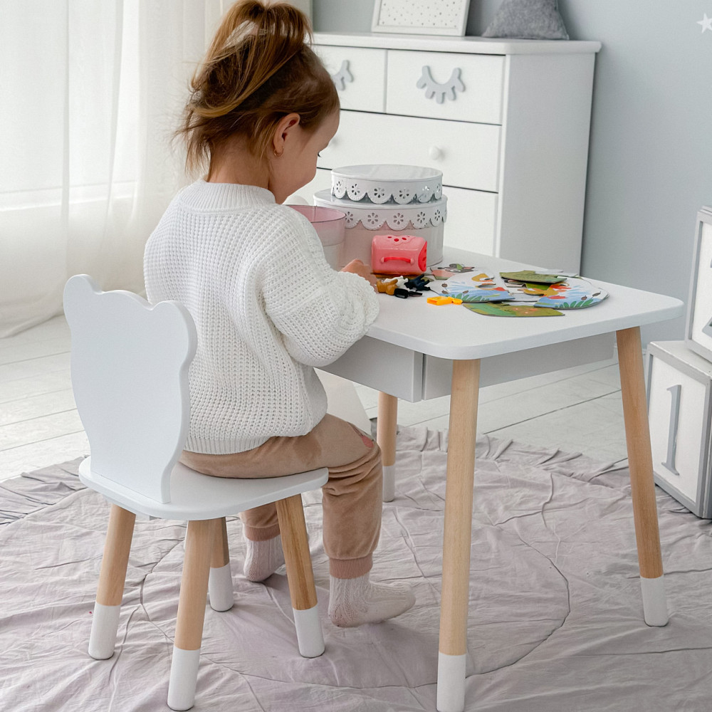 Стіл прямокутний з висувним ящиком 46х60х45 і стілець медвежа 26х26х24, столик та стільчик в дитячу, білий Київ - фото 8