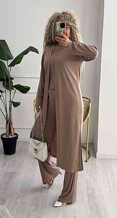 Женский базовый прогулочный костюм тройка: кардиган футболка и штаны трикотажный рубчик Бежевый, 46/48 Одесса