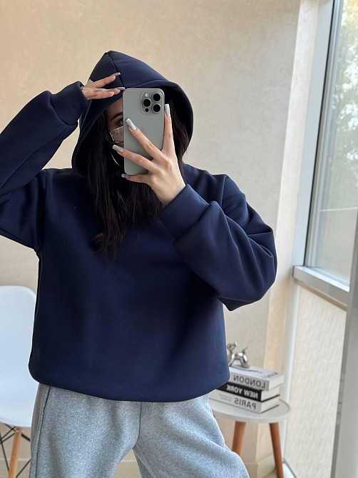 Женское стильное оверсайз худи из турецкой тринитки на флисе Темно-синий Одесса - изображение 1