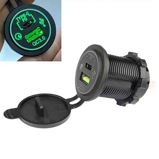 Гніздо прикурювача A93G USB QC 3,0 + TYPE-C врізне з кришкою та зеленою підсвіткою 12/24V Харків