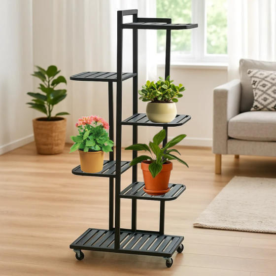 Стеллаж-полка для растений на резиновых колесах,передвежной металлический на 7 ярусов цвет черный Каменец-Подольский