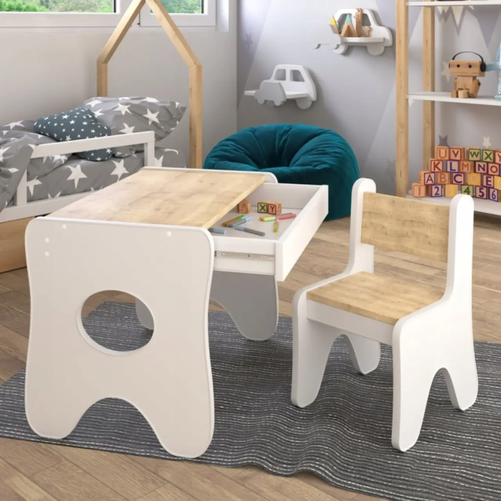 Набір дитячих меблів столик із шухлядою та стільчик 70х45х51 см (Білий з деревом) Вінниця - фото 7