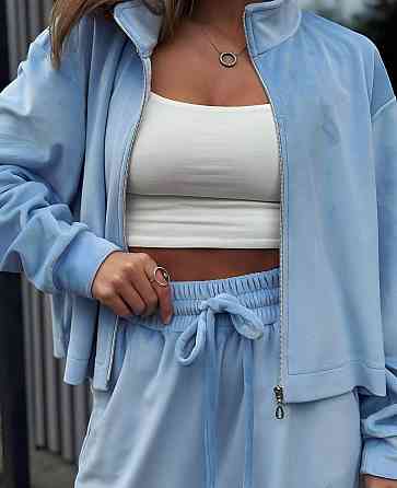 Жіночий прогулянковий плюшевий костюм-двійка: кофта та штани Блакитний, 42/46 Одеса