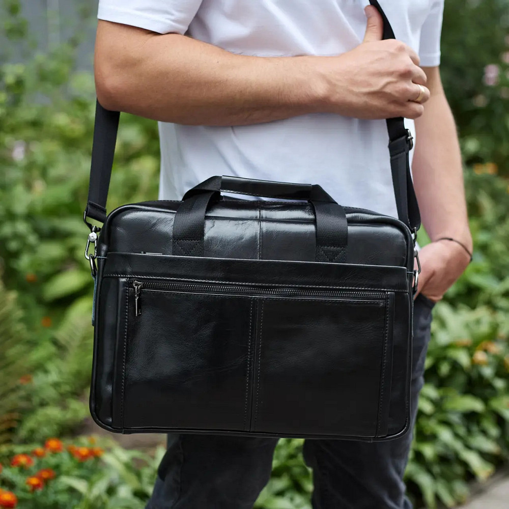 Чоловіча шкіряна ділова сумка портфель для речей і документів Tiding Bag Чорна 38х28х8см Київ - фото 7