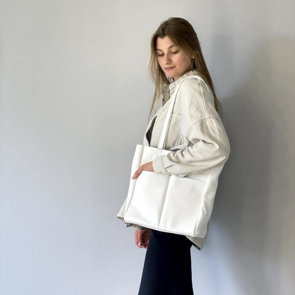Сумка женская из натуральной кожи большая тоут Юта Белая 28*30*12 см, сумка шопер с карманамиMasterSem Киев - изображение 2