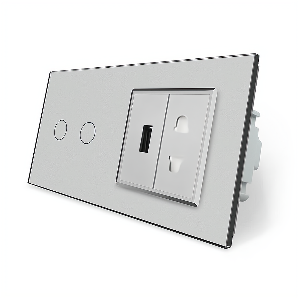 LIVOLO Сенсорний вимикач 2 сенсора 1 USB 1 розетка універсальна Livolo сірий скло (VL-C702/C7US Київ - фото 1