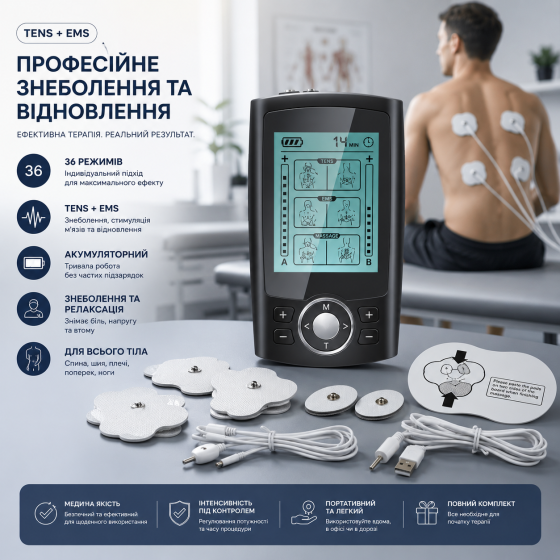 Аппарат TENS FDA510K: аккумуляторный миостимулятор для обезболивания и массажа, EMS электростимулятор 36 режимов, черный Киев