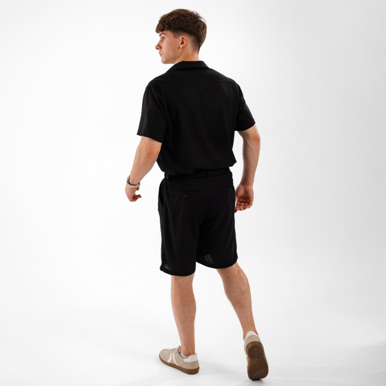 Льняний костюм чоловічий чорного кольору літній комплект футболка поло шорти з кишенями з льону повсякденний Slavni Renzo L Одеса