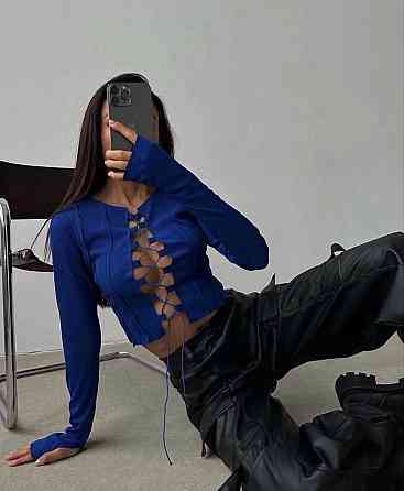 Жіночий стильний привабливий топ із довгим рукавом на шнурівці рубчик мустанг Електрик, 40/44 Одеса