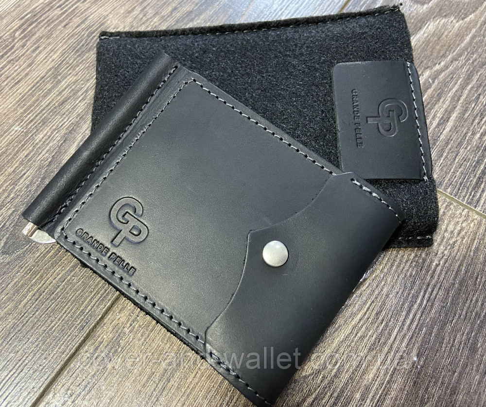 Гаманець затискач для грошей на кнопці із вінтажної шкіри чорного кольору Grande Pelle Київ - фото 1