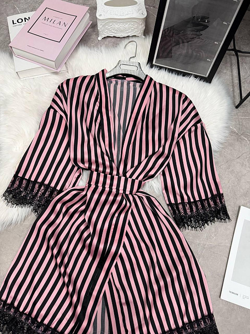 Женский домашний халат в полоску шелк армани с кружевом Розовый, 48/52 Одесса - изображение 3