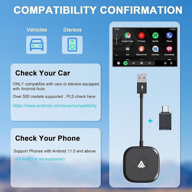 Бездротовий адаптер для штатного Android Auto для Android 11 12 13 14, перетворення провідного з Bluetooth Wi-Fi USB Київ - фото 5