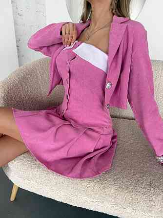 Женский стильный костюм тройка: пиджак, корсет и юбка вельвет Розовый, 44/46 Одесса