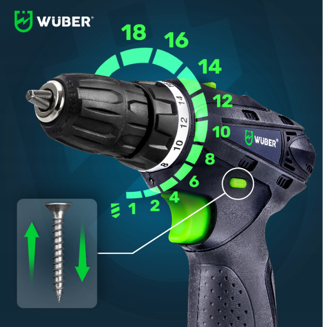 Акумуляторний шуруповерт Wuber 18В +2 батареї (Польща) Київ - фото 7