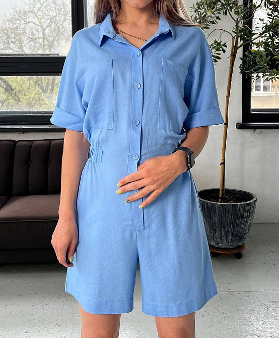 Легкий женский базовый комбинезон лен. Голубой, 46 Одесса - изображение 1