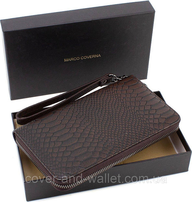 Коричневый мужской кошелек-клатч на молнии из кожи под крокодила Marco Coverna Киев - изображение 10