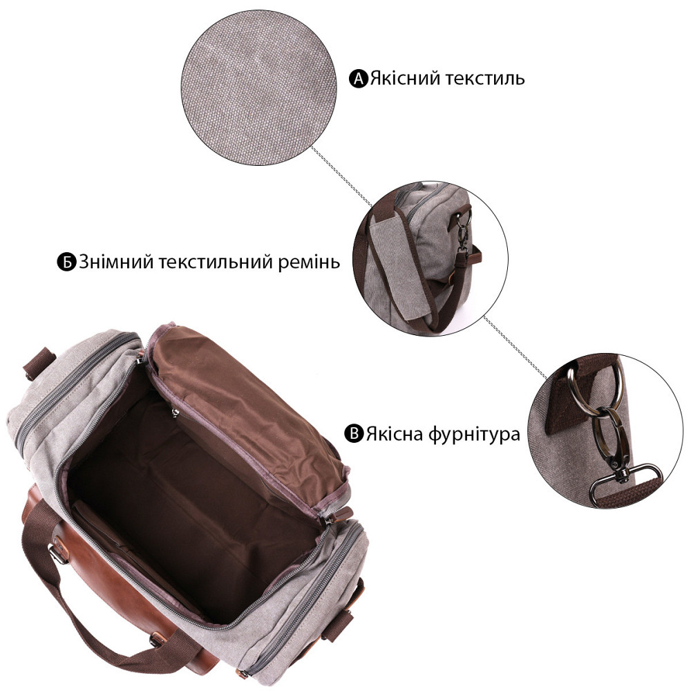 Дорожня сумка текстильна з кишенею Vintage 20191 Сіра Київ - фото 5