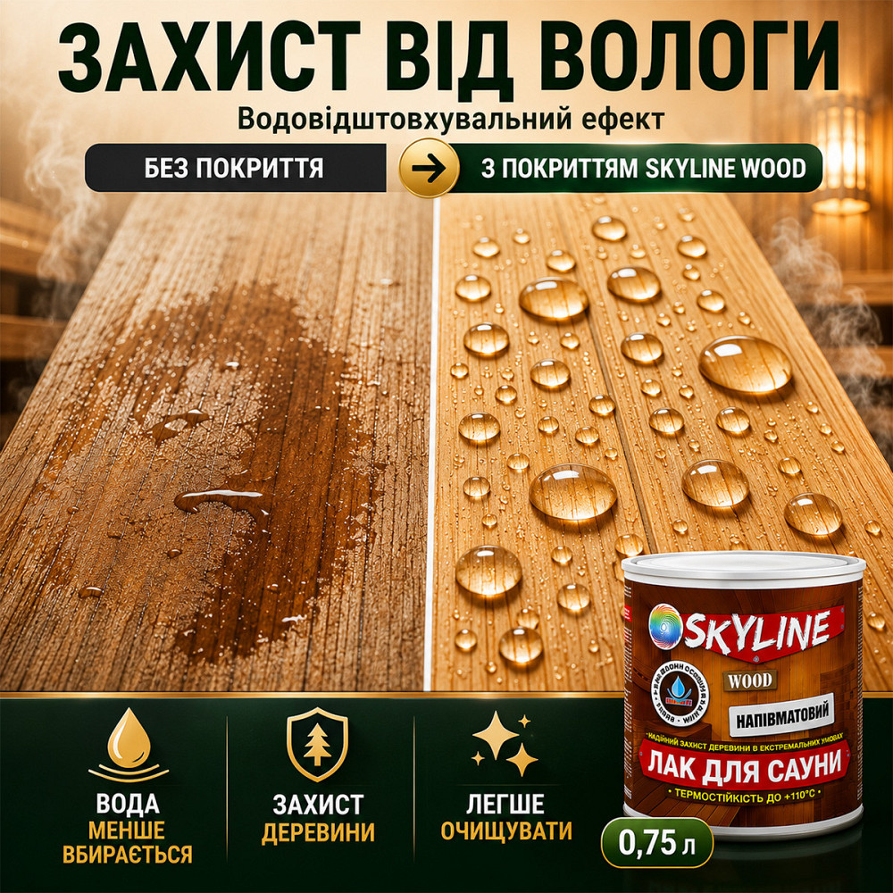 Лак для сауны SkyLine WOOD 0.75 л — акриловый полуматовый лак для дерева, прозрачный, без запаха, термостойкий до +110°C Харьков - изображение 4