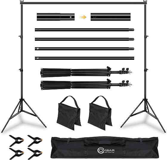 Стенд для фону OMBAR 2.6x3 м чорний телескопічний 0.9–2.6 м поперечина до 3 м 4 кліпси для фото/відео товарної зйомки Київ