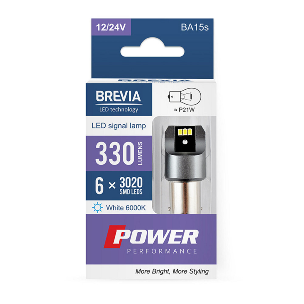 LED автолампа Brevia Power P21W 330Lm 6x3020SMD 12/24V CANbus, 2шт Київ - фото 1